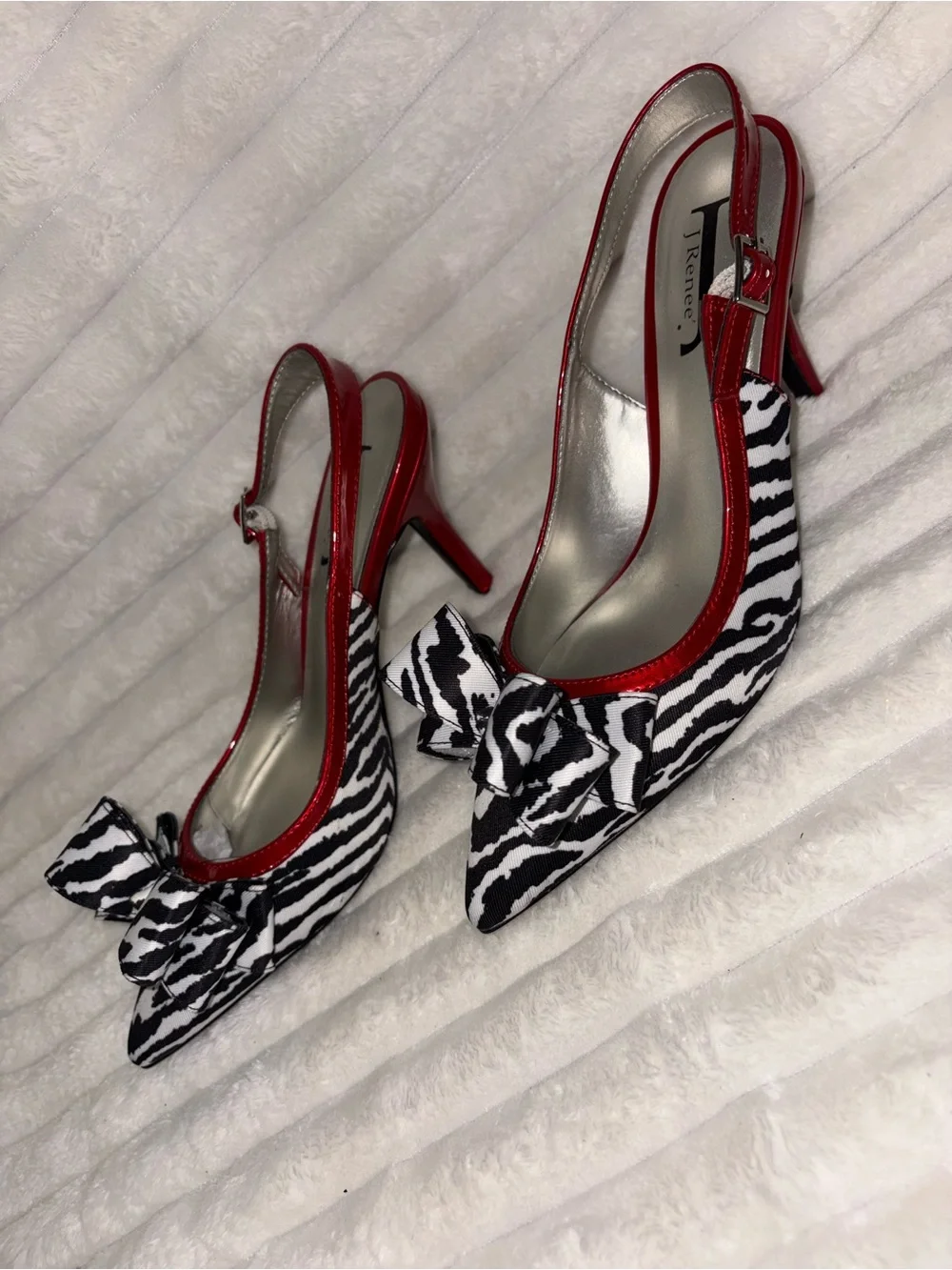 J.Renee Red Slingback Heels with Black & White Zebra Bow 8M